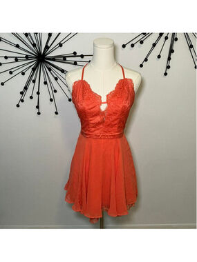 Bebe Coral Lace Mini Dress Strappy Back Flowy Skater Y2K